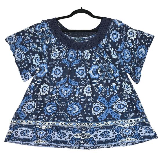 Lucky Brand Top Womens Plus Size 1X Blue Bohemian Floral Crochet Short Sleeve - Picture 1 of 10
